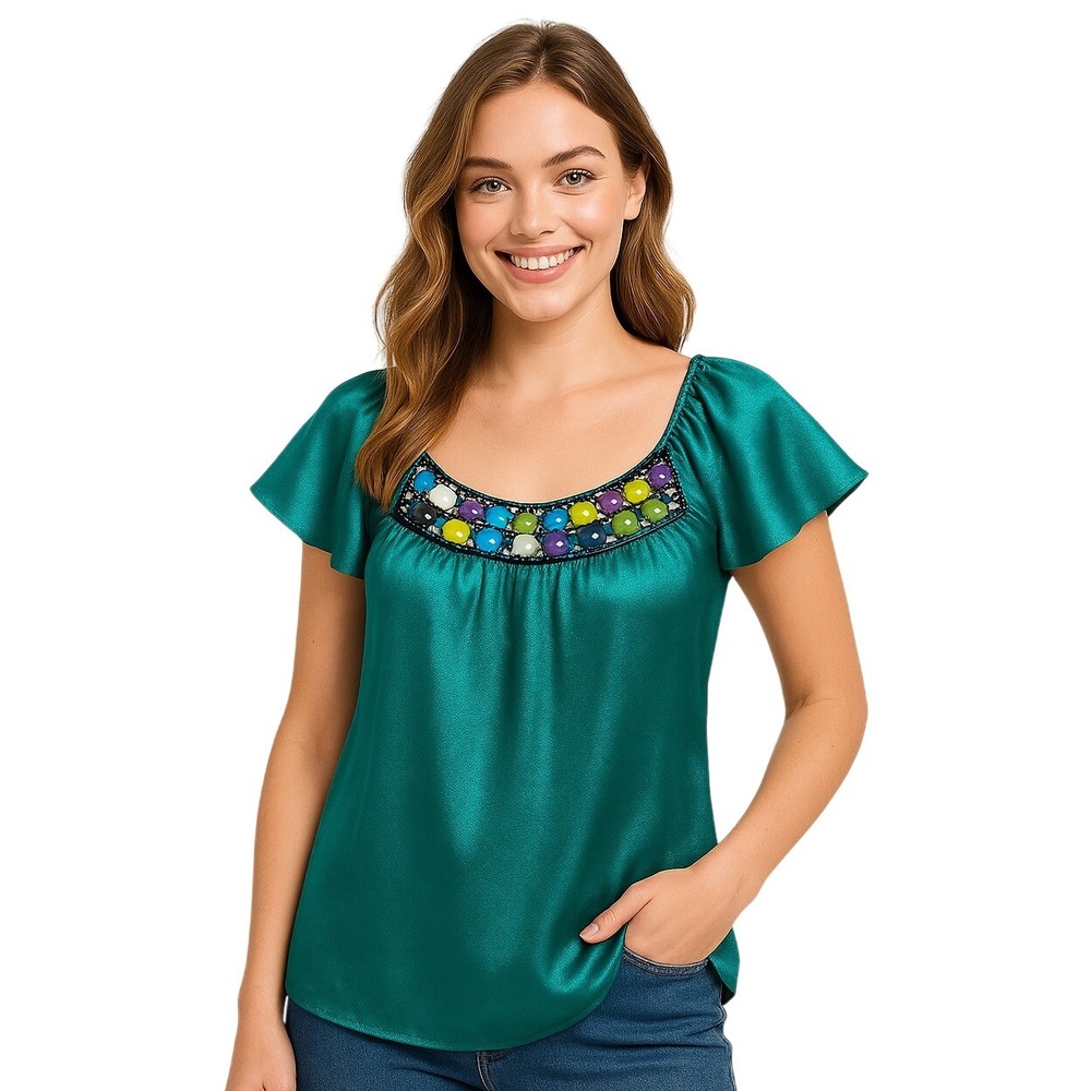 Apt 9 Top Blouse Teal Beaded Neckline Cap Sleeve Pullover Lightweight Boho Chic